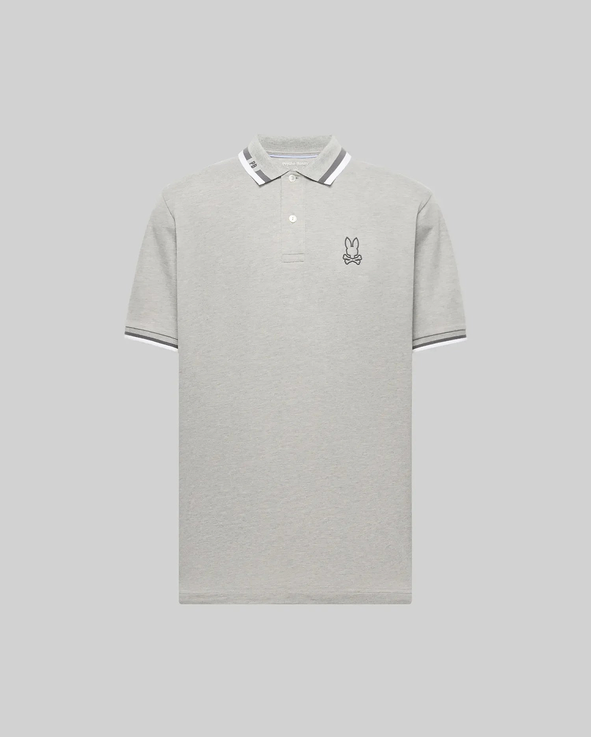 The Psycho Bunny MENS CHRIS PERFORMANCE PIQUE POLO (MT0100038) is a light grey slim fit polo with a white and grey striped collar and sleeves, featuring an embroidered bunny head with bowtie on the left chest and a classic two-button placket.