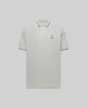 The Psycho Bunny MENS CHRIS PERFORMANCE PIQUE POLO (MT0100038) is a light grey slim fit polo with a white and grey striped collar and sleeves, featuring an embroidered bunny head with bowtie on the left chest and a classic two-button placket.