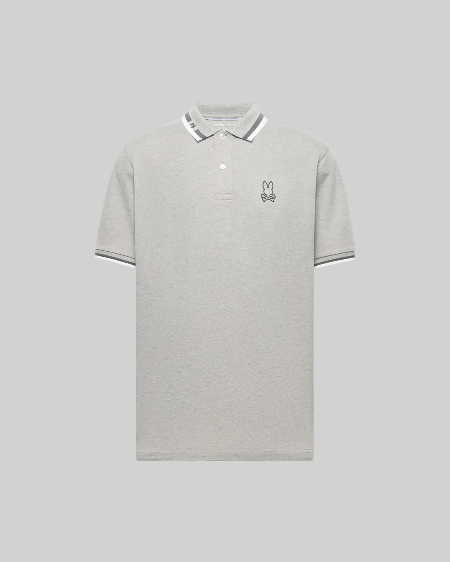 The Psycho Bunny MENS CHRIS PERFORMANCE PIQUE POLO (MT0100038) is a light grey slim fit polo with a white and grey striped collar and sleeves, featuring an embroidered bunny head with bowtie on the left chest and a classic two-button placket.