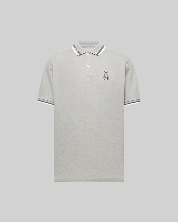 The Psycho Bunny MENS CHRIS PERFORMANCE PIQUE POLO (MT0100038) is a light grey slim fit polo with a white and grey striped collar and sleeves, featuring an embroidered bunny head with bowtie on the left chest and a classic two-button placket.