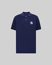 The Psycho Bunny MENS AUGUSTE PIQUE POLO SHIRT (MT0100051) is a varsity-style, navy blue short-sleeve polo made from soft Pima cotton, with a collar, two white buttons, and an embroidered blue and white crest on the left chest. (5)