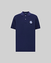 The Psycho Bunny MENS AUGUSTE PIQUE POLO SHIRT (MT0100051) is a varsity-style, navy blue short-sleeve polo made from soft Pima cotton, with a collar, two white buttons, and an embroidered blue and white crest on the left chest. (5)