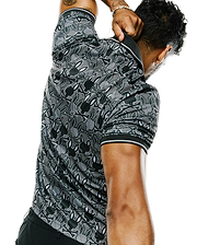Mens Reeves All Over Bunny Sport Polo, a black and white performance jersey polo with a classic fit, featuring an intricate all-over Psycho Bunny skull and geometric pattern, with white striped collar and sleeve cuffs.