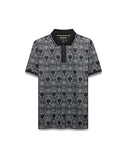 Mens Reeves All Over Bunny Sport Polo, a black classic fit pique polo with an all-over white and grey striped Psycho Bunny skull and crossbones pattern, solid black collar, white tipping.