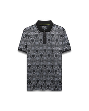 Mens Reeves All Over Bunny Sport Polo, a black classic fit pique polo with an all-over white and grey striped Psycho Bunny skull and crossbones pattern, solid black collar, white tipping.