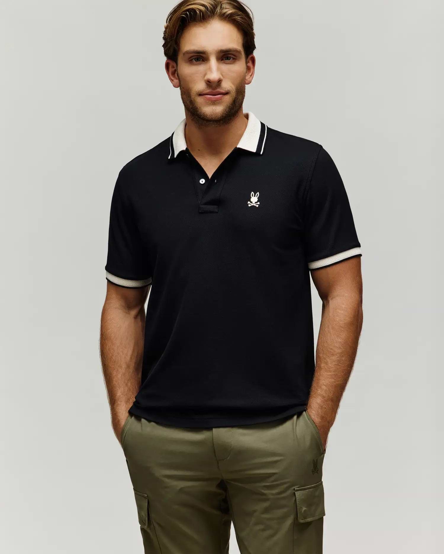 MENS INDIGO TEXTURED COLLAR PIQUE POLO view 1
