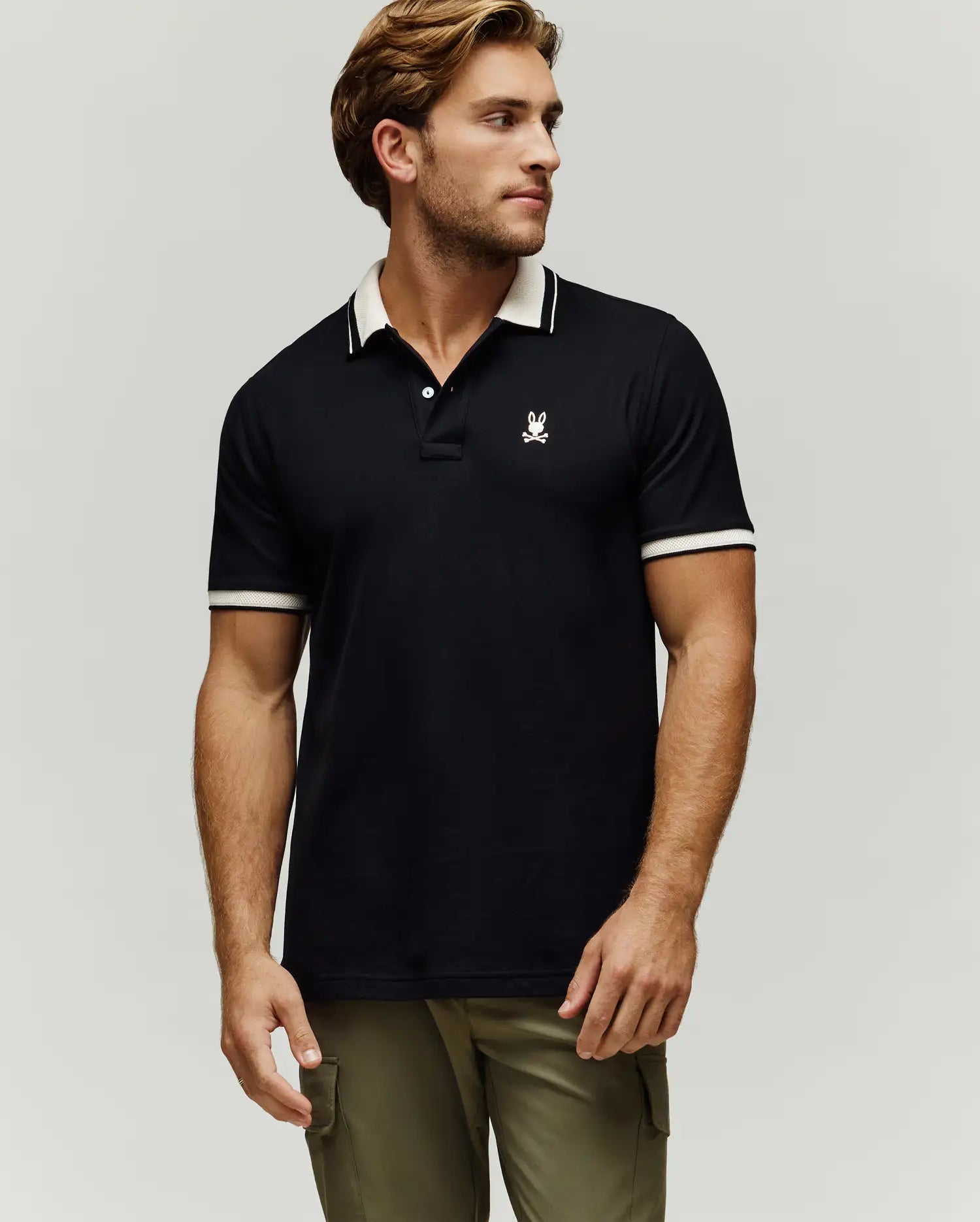 MENS INDIGO TEXTURED COLLAR PIQUE POLO view 3