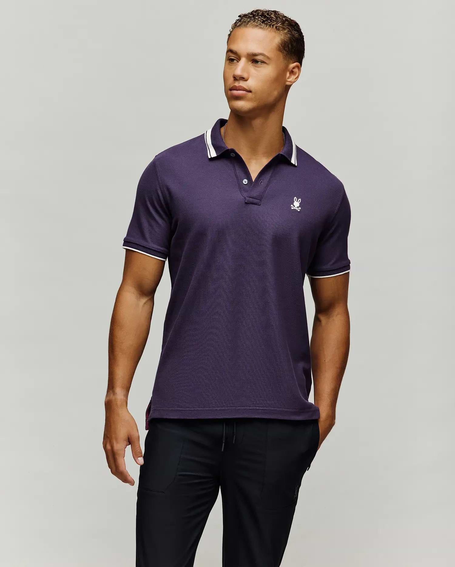 MENS INDIGO TEXTURED COLLAR PIQUE POLO view 3