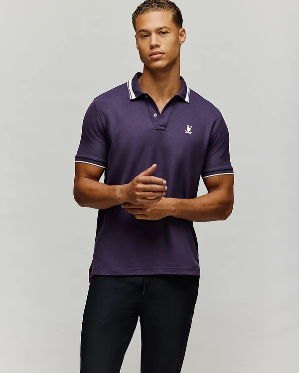 MENS INDIGO TEXTURED COLLAR PIQUE POLO view 1