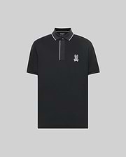 The Psycho Bunny MENS JAYDEN SPORT POLO - MT0100111 is a black, short-sleeve athletic fit polo with white trim on the collar and placket, plus a small bunny logo on the left chest. Shown against a plain light gray background.