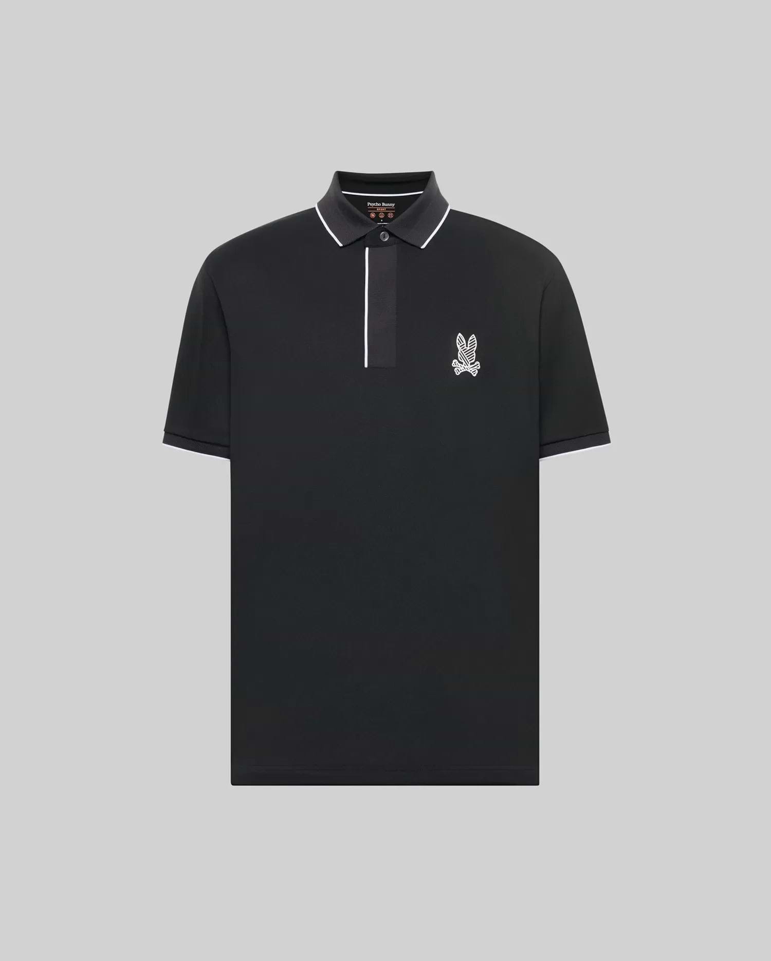 The Psycho Bunny MENS JAYDEN SPORT POLO - MT0100111 is a black, short-sleeve athletic fit polo with white trim on the collar and placket, plus a small bunny logo on the left chest. Shown against a plain light gray background.