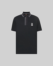 The Psycho Bunny MENS JAYDEN SPORT POLO - MT0100111 is a black, short-sleeve athletic fit polo with white trim on the collar and placket, plus a small bunny logo on the left chest. Shown against a plain light gray background.