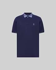 Mens Onyx Sport Polo, a classic fit dark blue pique polo with two-button placket, contrasting light blue collar and cuff lining, and an embroidered Psycho Bunny skull logo on the left chest. (5)