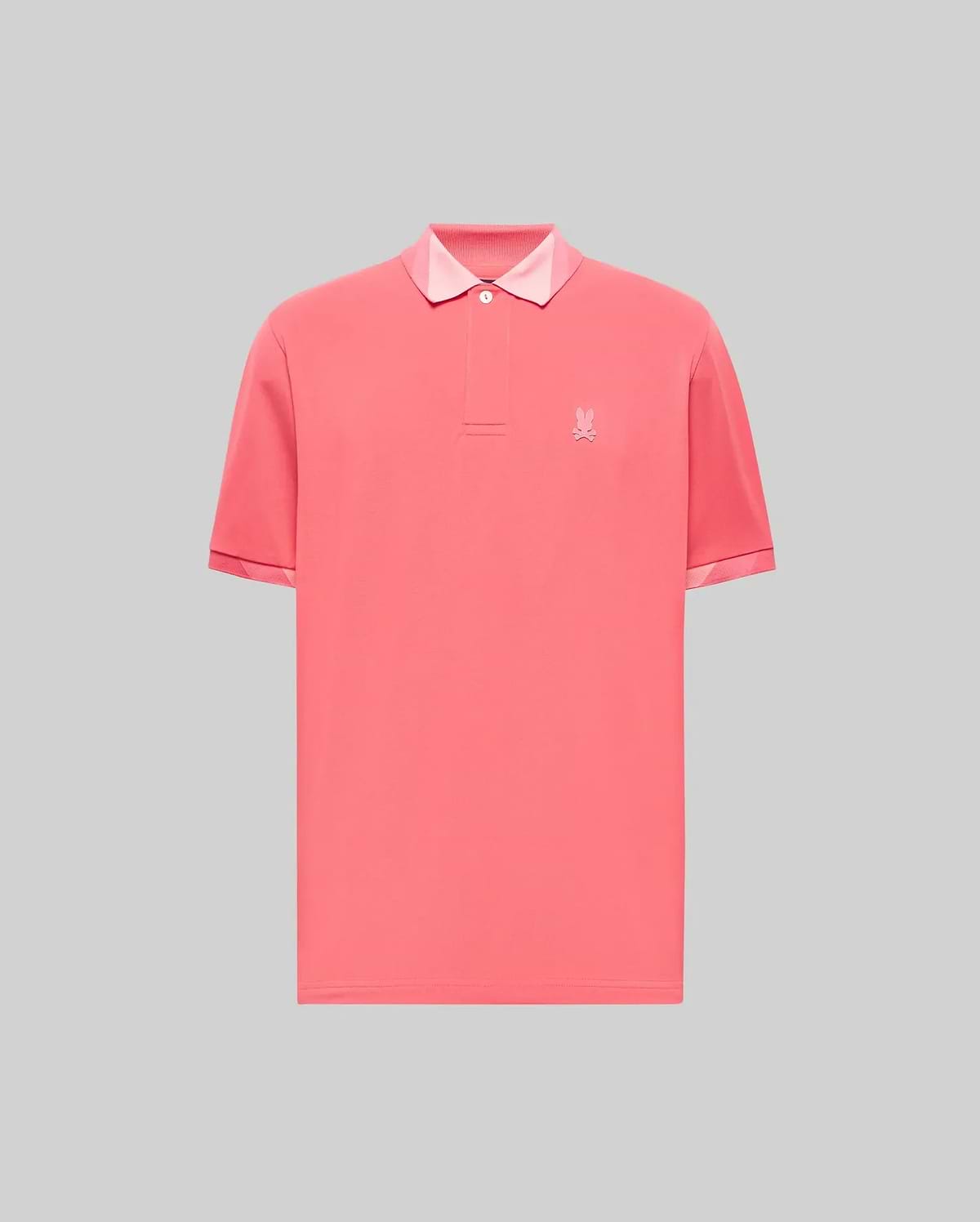 Mens Onyx Sport Polo in coral pink pique knit, classic fit, with a two-button placket, light pink ribbed collar, and tonal embroidered Psycho Bunny skull logo on the left chest. (5)