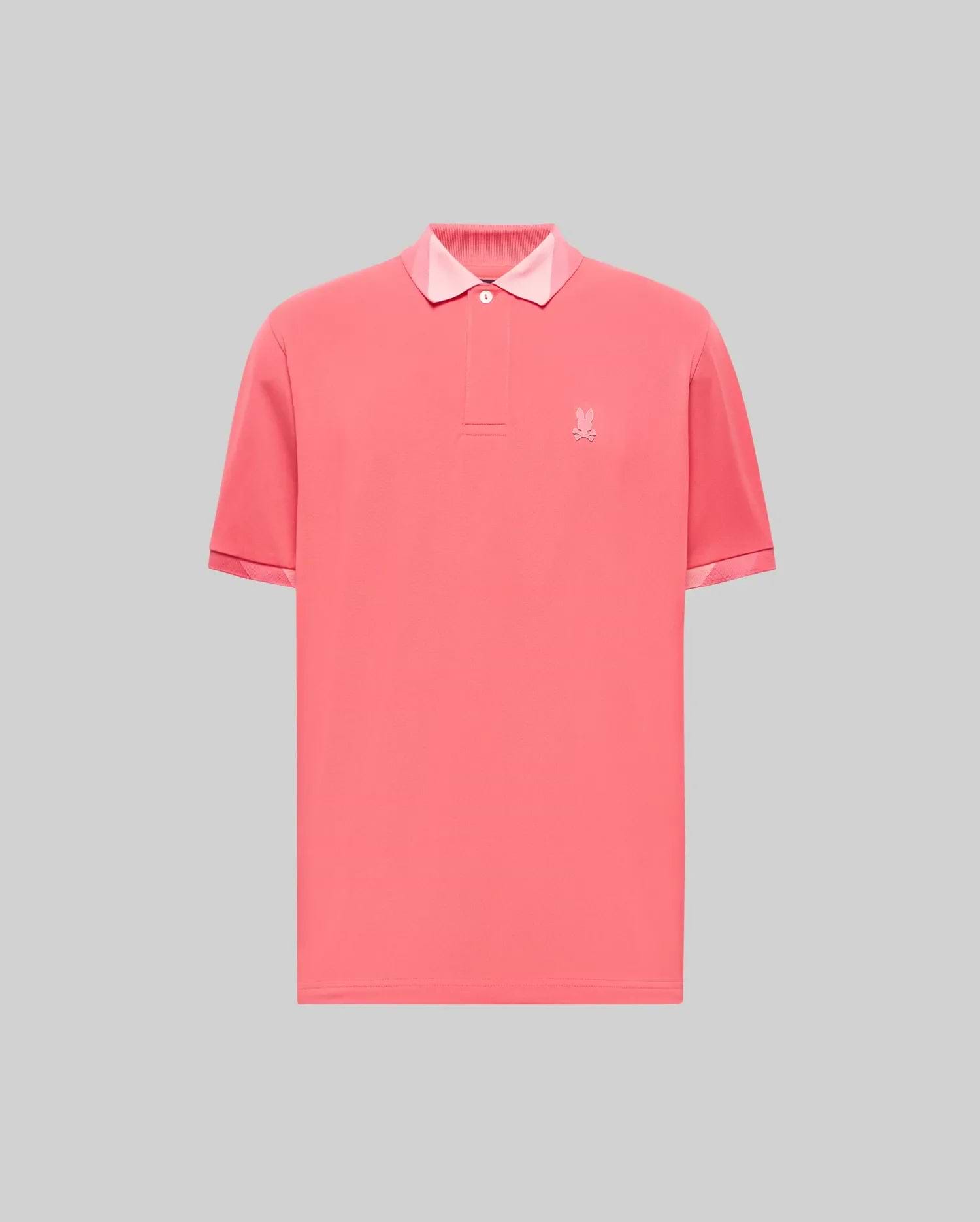 Mens Onyx Sport Polo in coral pink pique knit, classic fit, with a two-button placket, light pink ribbed collar, and tonal embroidered Psycho Bunny skull logo on the left chest. (5)