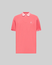 Mens Onyx Sport Polo in coral pink pique knit, classic fit, with a two-button placket, light pink ribbed collar, and tonal embroidered Psycho Bunny skull logo on the left chest. (5)
