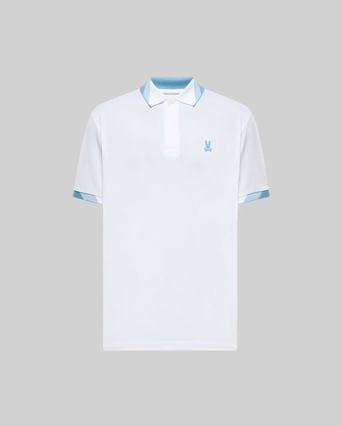Mens Onyx Sport Polo, white performance fabric, classic fit, with a light blue embroidered Psycho Bunny skull logo on the left chest, and contrasting light blue patterned pique collar lining and sleeve cuffs. (5)