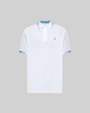 Mens Onyx Sport Polo, white performance fabric, classic fit, with a light blue embroidered Psycho Bunny skull logo on the left chest, and contrasting light blue patterned pique collar lining and sleeve cuffs. (5)