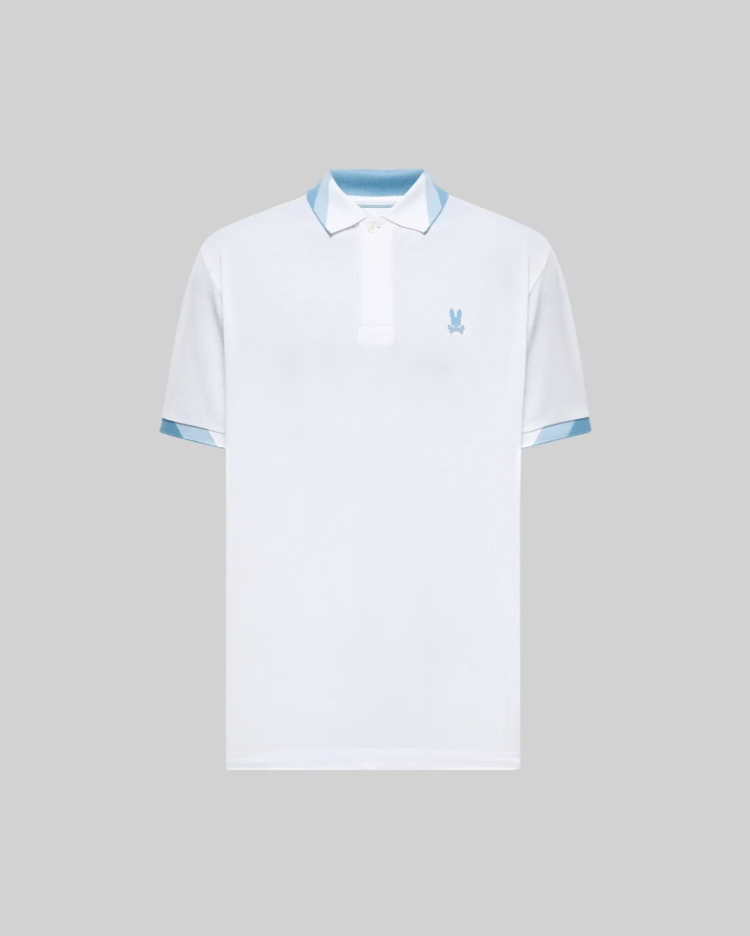 Mens Onyx Sport Polo, white performance fabric, classic fit, with a light blue embroidered Psycho Bunny skull logo on the left chest, and contrasting light blue patterned pique collar lining and sleeve cuffs. (5)