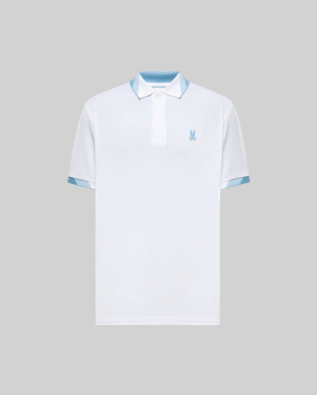 Mens Onyx Sport Polo, white performance fabric, classic fit, with a light blue embroidered Psycho Bunny skull logo on the left chest, and contrasting light blue patterned pique collar lining and sleeve cuffs. (5)