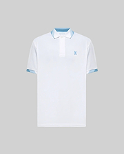 Mens Onyx Sport Polo, white performance fabric, classic fit, with a light blue embroidered Psycho Bunny skull logo on the left chest, and contrasting light blue patterned pique collar lining and sleeve cuffs. (5)