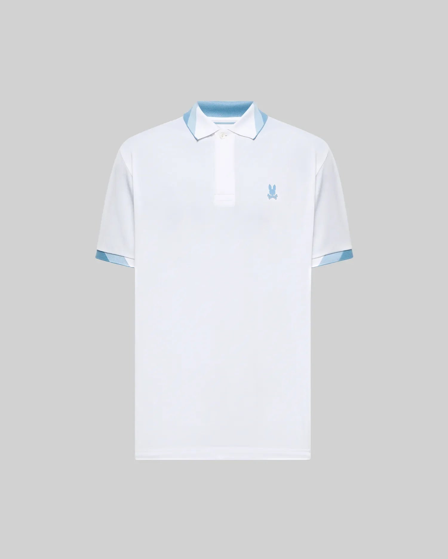 Mens Onyx Sport Polo, white performance fabric, classic fit, with a light blue embroidered Psycho Bunny skull logo on the left chest, and contrasting light blue patterned pique collar lining and sleeve cuffs. (5)