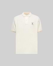 Mens Ara Pique Polo, a classic fit cream pique polo featuring a vibrant multi-color embroidered Psycho Bunny skull logo on the left chest, with orange, light blue, and white striped collar and sleeve cuffs. (4)