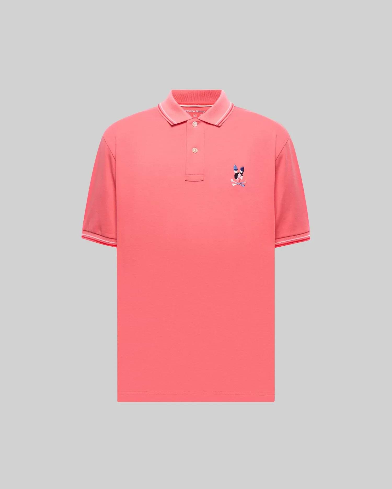 Mens Ara Pique Polo in vibrant coral pique, featuring a classic fit, ribbed collar and cuffs with white and red tipping, and a small embroidered multi-color Psycho Bunny skull logo on the left chest. (5)