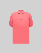 Mens Ara Pique Polo in vibrant coral pique, featuring a classic fit, ribbed collar and cuffs with white and red tipping, and a small embroidered multi-color Psycho Bunny skull logo on the left chest. (5)