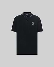 Mens Olivier Pique Polo, black classic fit pique polo shirt crafted from pique fabric, featuring white tipping on the collar and sleeve cuffs, with an embroidered white Psycho Bunny skull logo on the left chest. (5)