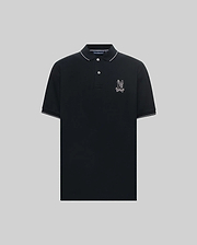 Mens Olivier Pique Polo, black classic fit pique polo shirt crafted from pique fabric, featuring white tipping on the collar and sleeve cuffs, with an embroidered white Psycho Bunny skull logo on the left chest. (5)