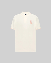 Mens Olivier Pique Polo, a classic fit cream pique polo with peach tipping on the collar and sleeve cuffs, featuring a vibrant multi-color embroidered Psycho Bunny skull logo on the left chest. (4)