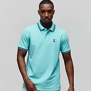 Mens Clark Pique Polo, an aqua classic fit pique knit shirt with navy and white striped collar and cuffs, featuring a small embroidered Psycho Bunny skull logo in pink, white, and black on the left chest. (1)