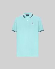 Mens Clark Pique Polo, classic fit aqua pique polo with navy and white striped collar and sleeve cuffs, featuring a small embroidered Psycho Bunny skull logo on the left chest. (4)