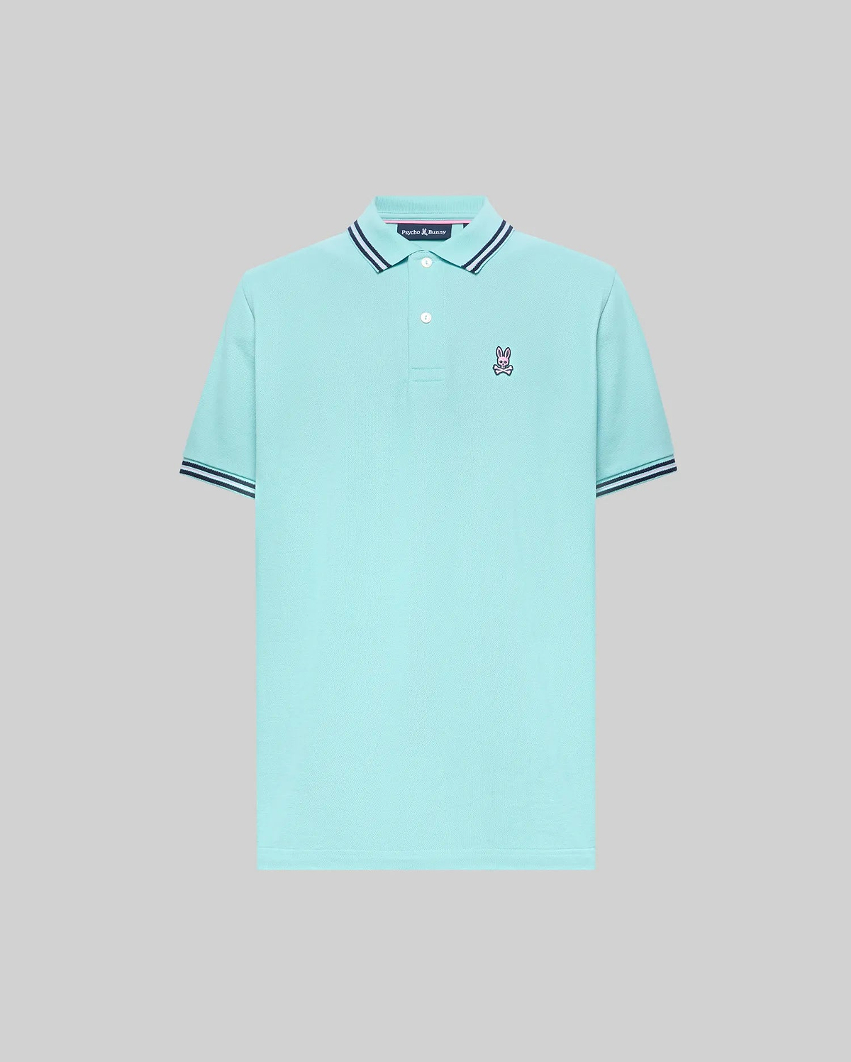 Mens Clark Pique Polo, classic fit aqua pique polo with navy and white striped collar and sleeve cuffs, featuring a small embroidered Psycho Bunny skull logo on the left chest. (4)