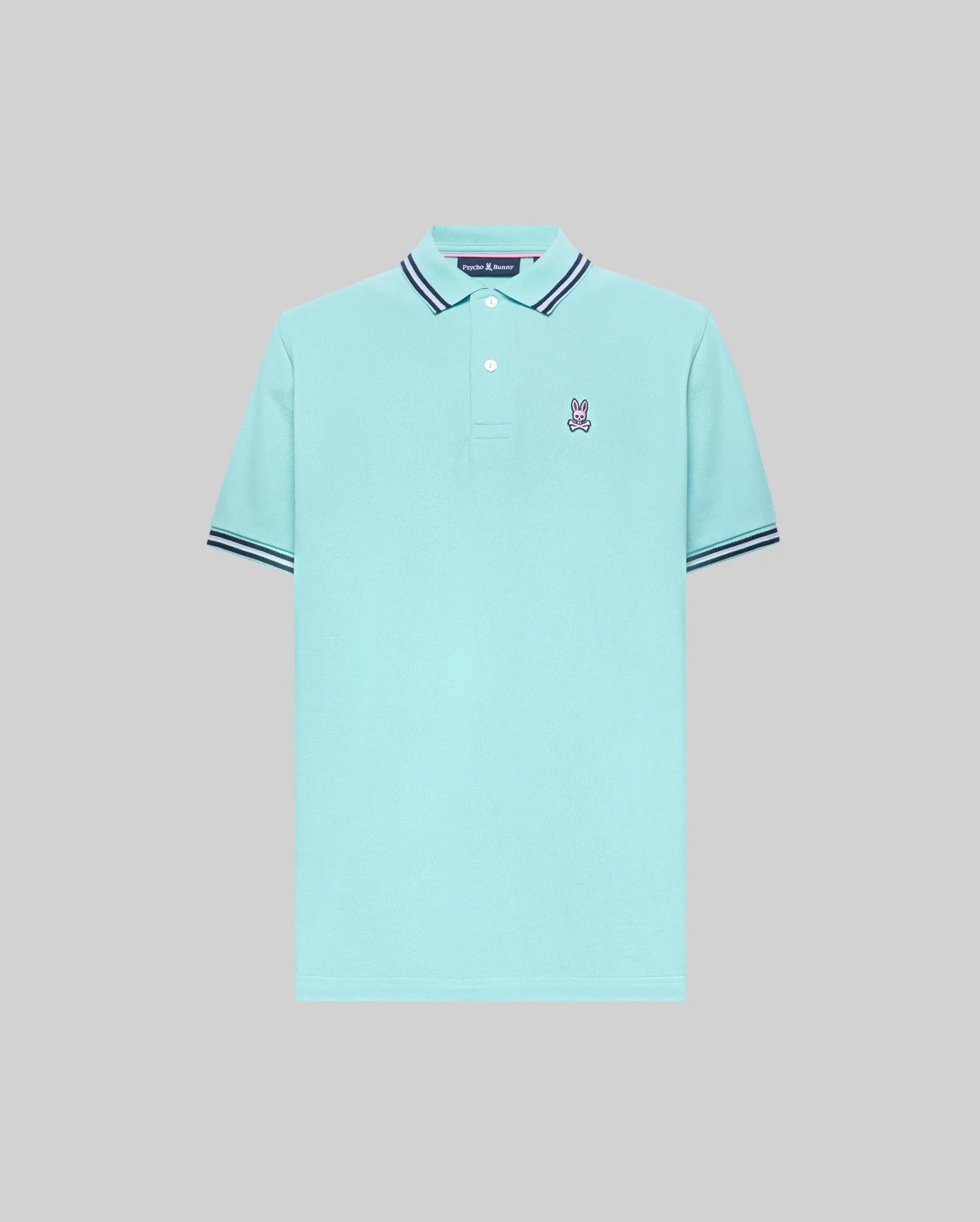 Mens Clark Pique Polo, classic fit aqua pique polo with navy and white striped collar and sleeve cuffs, featuring a small embroidered Psycho Bunny skull logo on the left chest. (4)