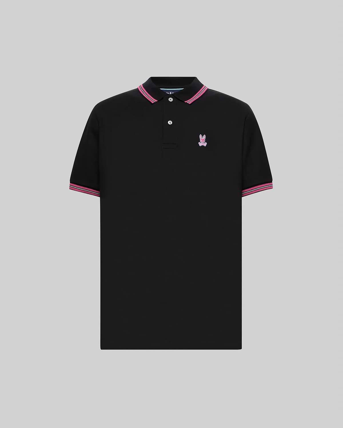 Mens Clark Pique Polo, a black classic fit pique polo with pink and white striped collar and cuffs, featuring an embroidered pink Psycho Bunny skull logo on the left chest.