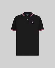 Mens Clark Pique Polo, a black classic fit pique polo with pink and white striped collar and cuffs, featuring an embroidered pink Psycho Bunny skull logo on the left chest.