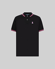 Mens Clark Pique Polo, a black classic fit pique polo with pink and white striped collar and cuffs, featuring an embroidered pink Psycho Bunny skull logo on the left chest.