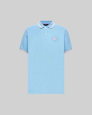 Mens Clark Pique Polo, light blue classic fit pique knit with ribbed collar and cuffs featuring white and pink tipping, and a small pink embroidered Psycho Bunny skull logo on the left chest. (5)