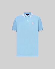 Mens Clark Pique Polo, light blue classic fit pique knit with ribbed collar and cuffs featuring white and pink tipping, and a small pink embroidered Psycho Bunny skull logo on the left chest. (5)