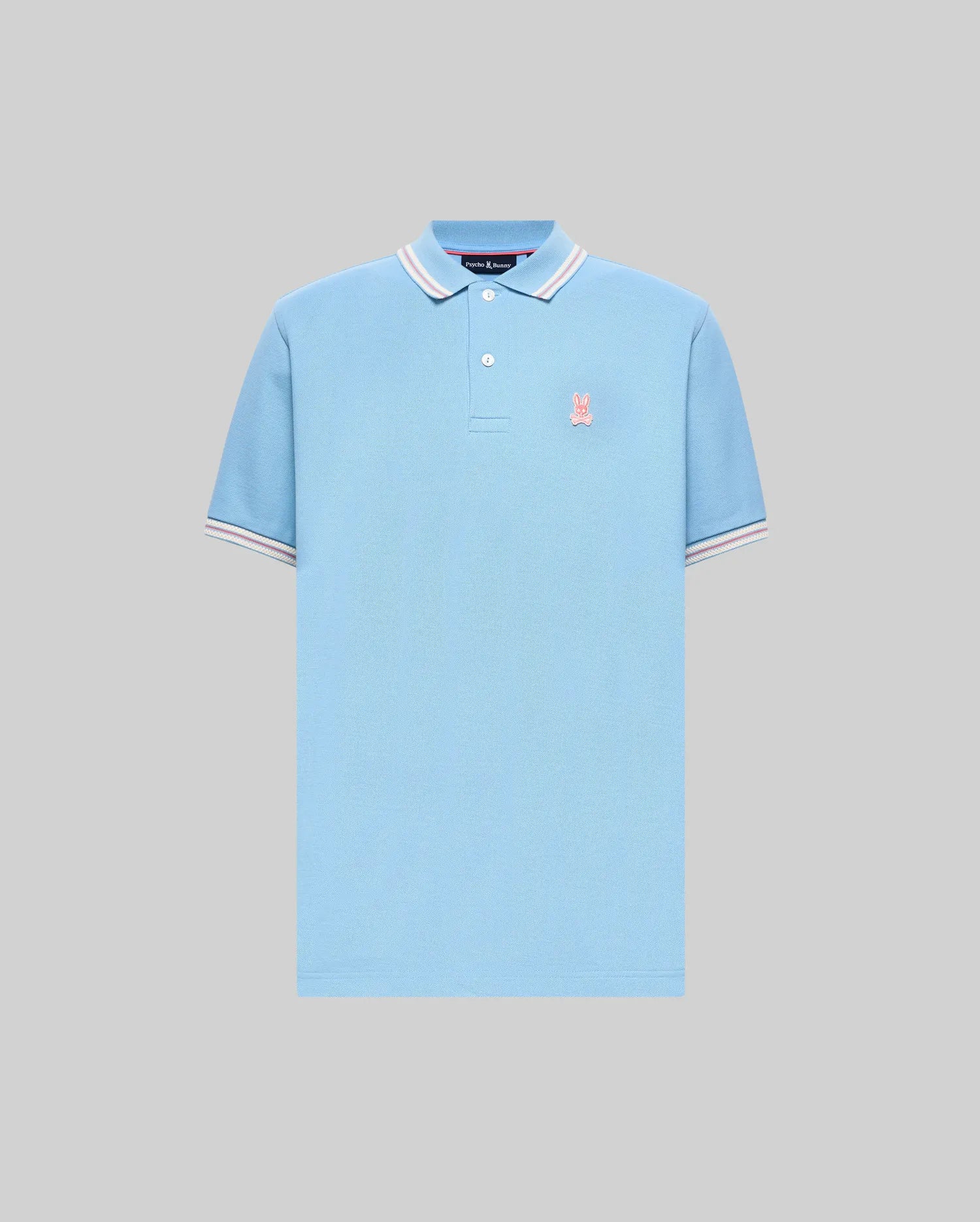 Mens Clark Pique Polo, light blue classic fit pique knit with ribbed collar and cuffs featuring white and pink tipping, and a small pink embroidered Psycho Bunny skull logo on the left chest. (5)