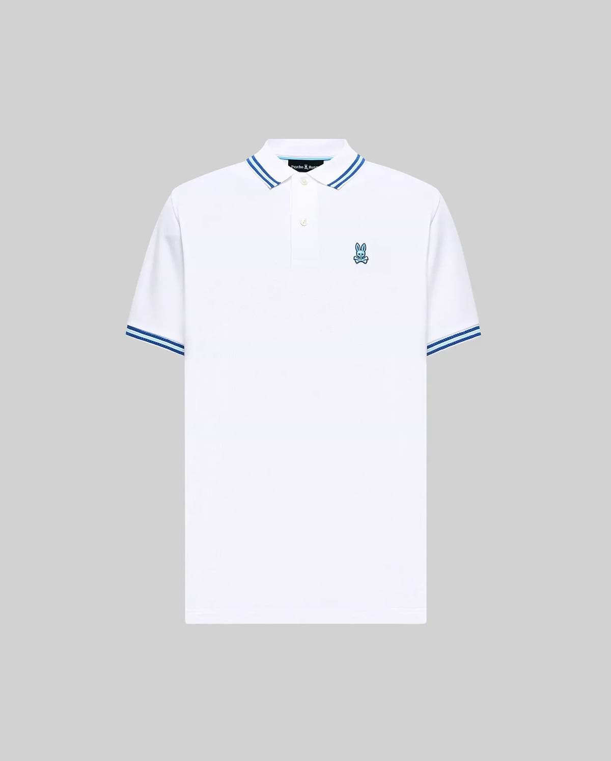 Mens Clark Pique Polo, a classic fit white pique polo with blue striped collar and cuffs, featuring a small blue embroidered Psycho Bunny skull logo on the left chest. (5)