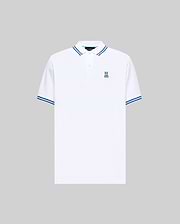 Mens Clark Pique Polo, a classic fit white pique polo with blue striped collar and cuffs, featuring a small blue embroidered Psycho Bunny skull logo on the left chest. (5)