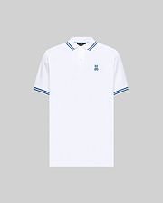 Mens Clark Pique Polo, a classic fit white pique polo with blue striped collar and cuffs, featuring a small blue embroidered Psycho Bunny skull logo on the left chest. (5)