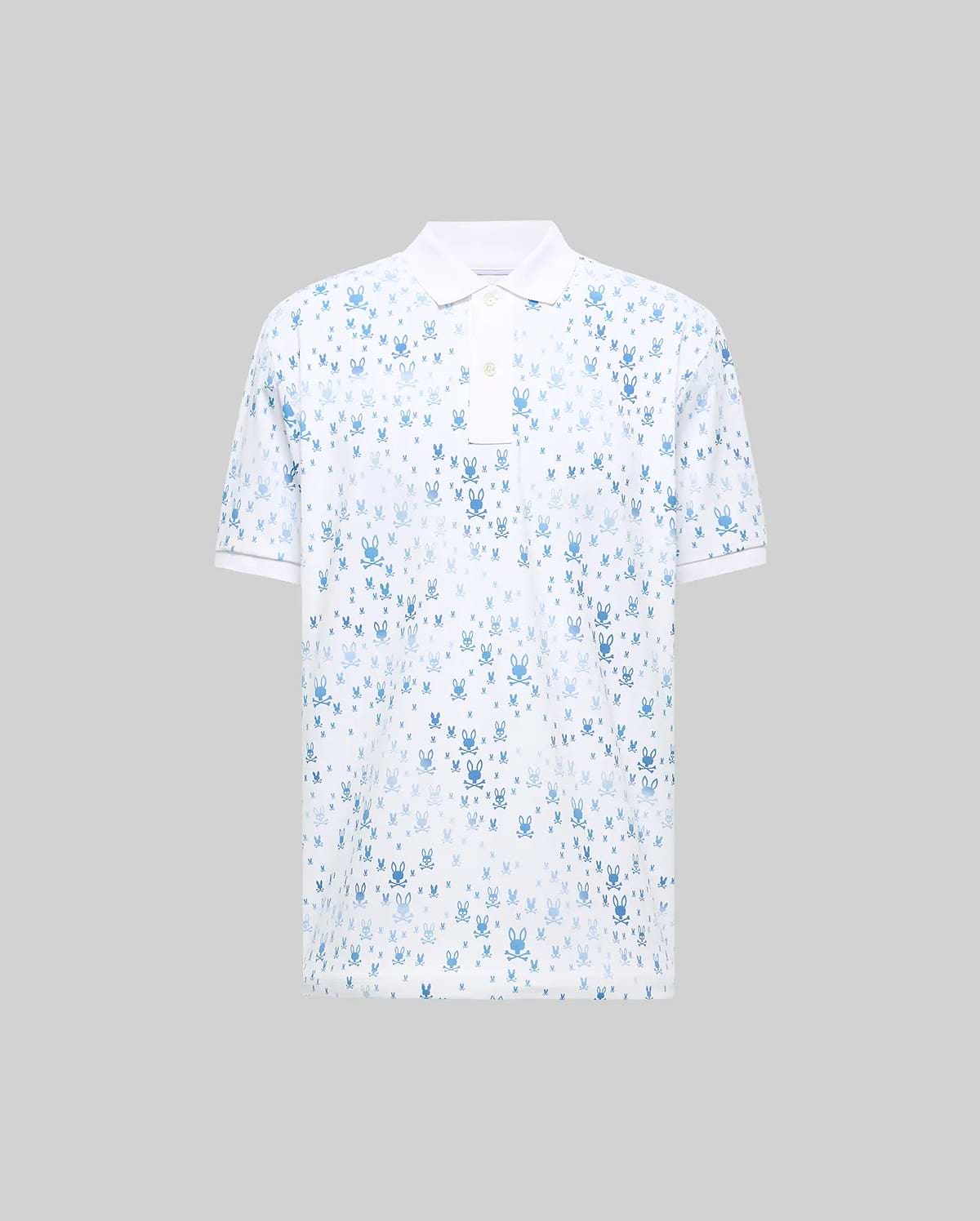 Mens Nev Sport Polo. White pique knit, classic fit polo featuring an all-over blue Psycho Bunny skull logo print, with a crisp white collar, two-button placket, and short ribbed cuffs.