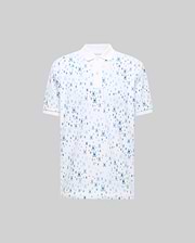 Mens Nev Sport Polo. White pique knit, classic fit polo featuring an all-over blue Psycho Bunny skull logo print, with a crisp white collar, two-button placket, and short ribbed cuffs.