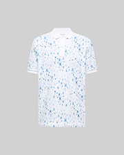 Mens Nev Sport Polo. White pique knit, classic fit polo featuring an all-over blue Psycho Bunny skull logo print, with a crisp white collar, two-button placket, and short ribbed cuffs.