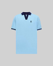 Mens Christiano Pique Polo, light blue pique with navy V-neck collar, white stripe detail, ribbed cuffs with navy and white trim, and an embroidered navy bunny skull logo on left chest. (4)