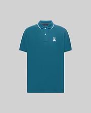 Mens Aram Pique Polo, a classic fit teal pique polo shirt with white tipped collar and cuffs, two-button placket, and an embroidered white Psycho Bunny skull logo on the left chest. (5)